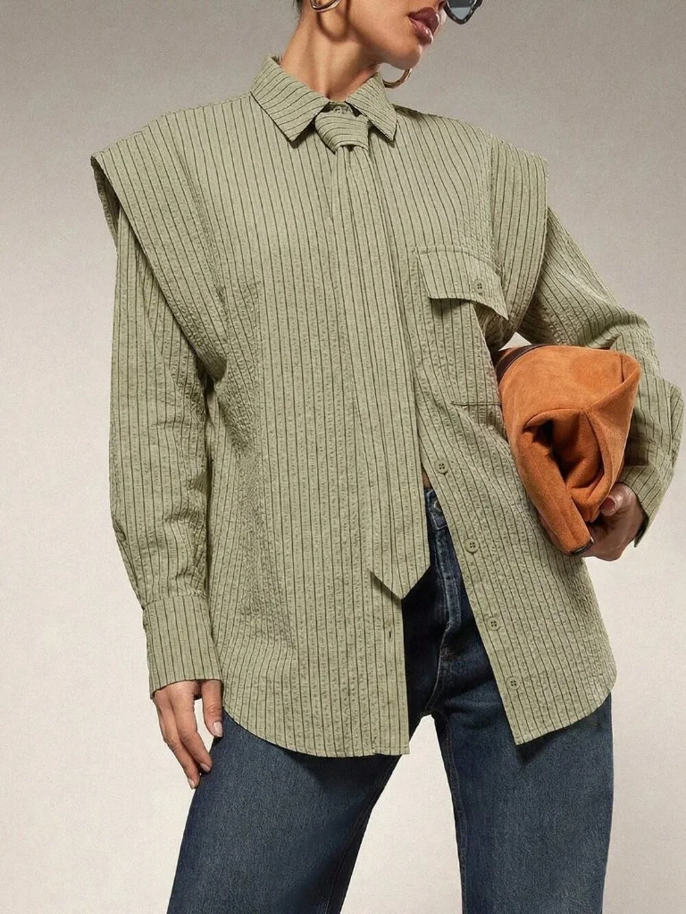 Multicolor Casual Women's Tie Front Exaggerated Shoulder Striped Shirt